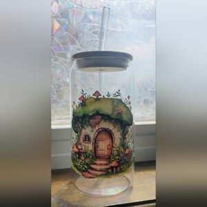 16 ounce Cottage Core glass, bamboo lid and glass straw